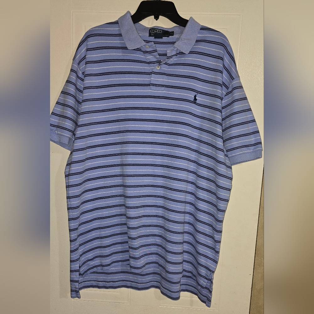 Polo by Ralph Lauren Men's Light Blue and Navy Striped Polo